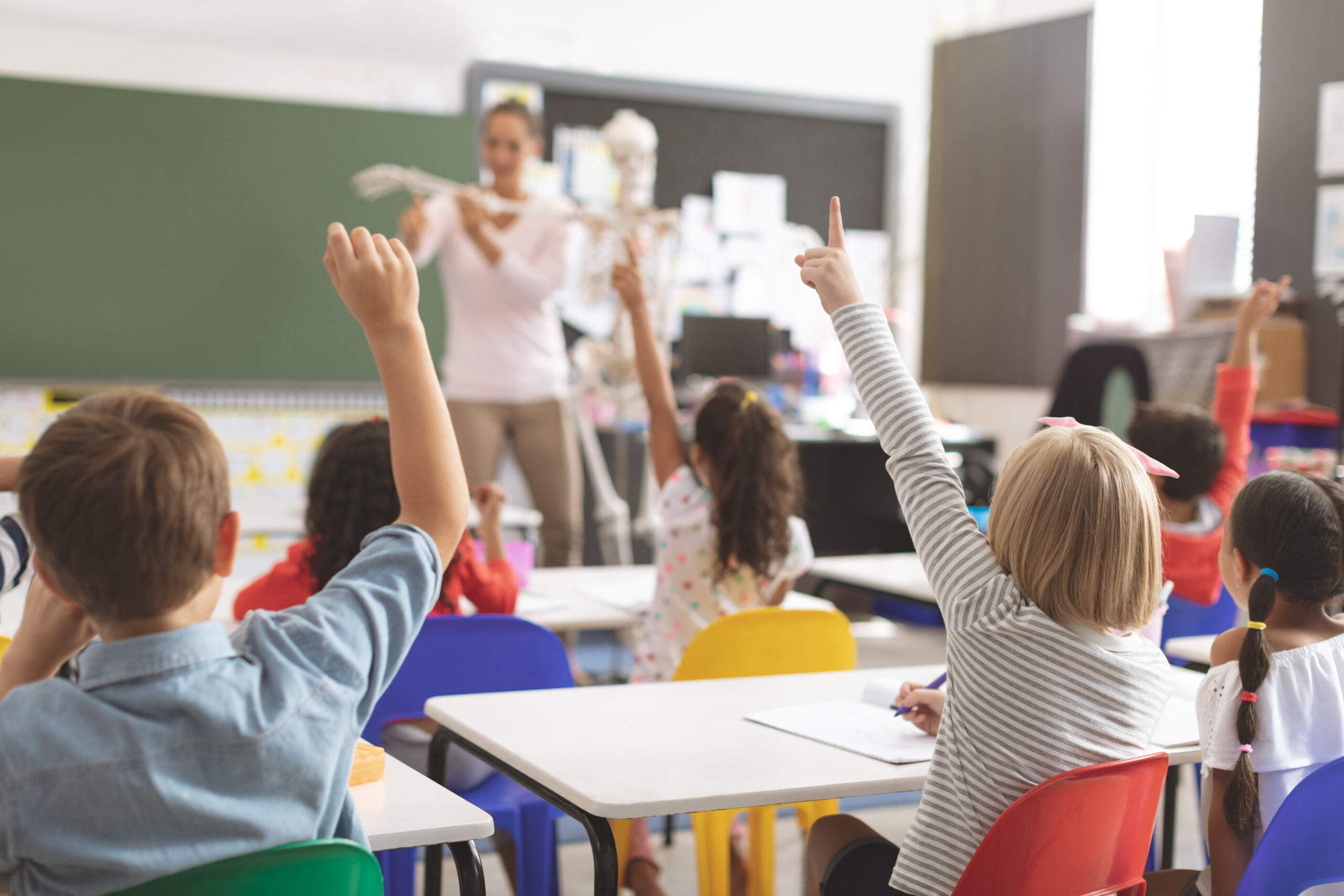 School kids raising hands while teacher explaining the functioni